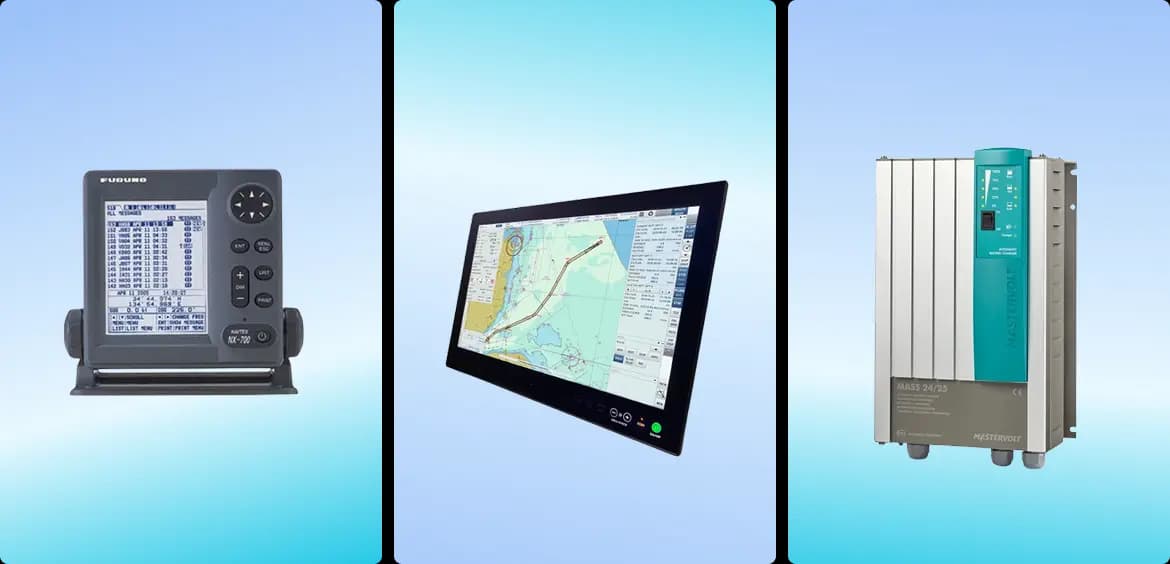 Maritime communications equipment, navigation display, and industrial hardware in a composite product shot
